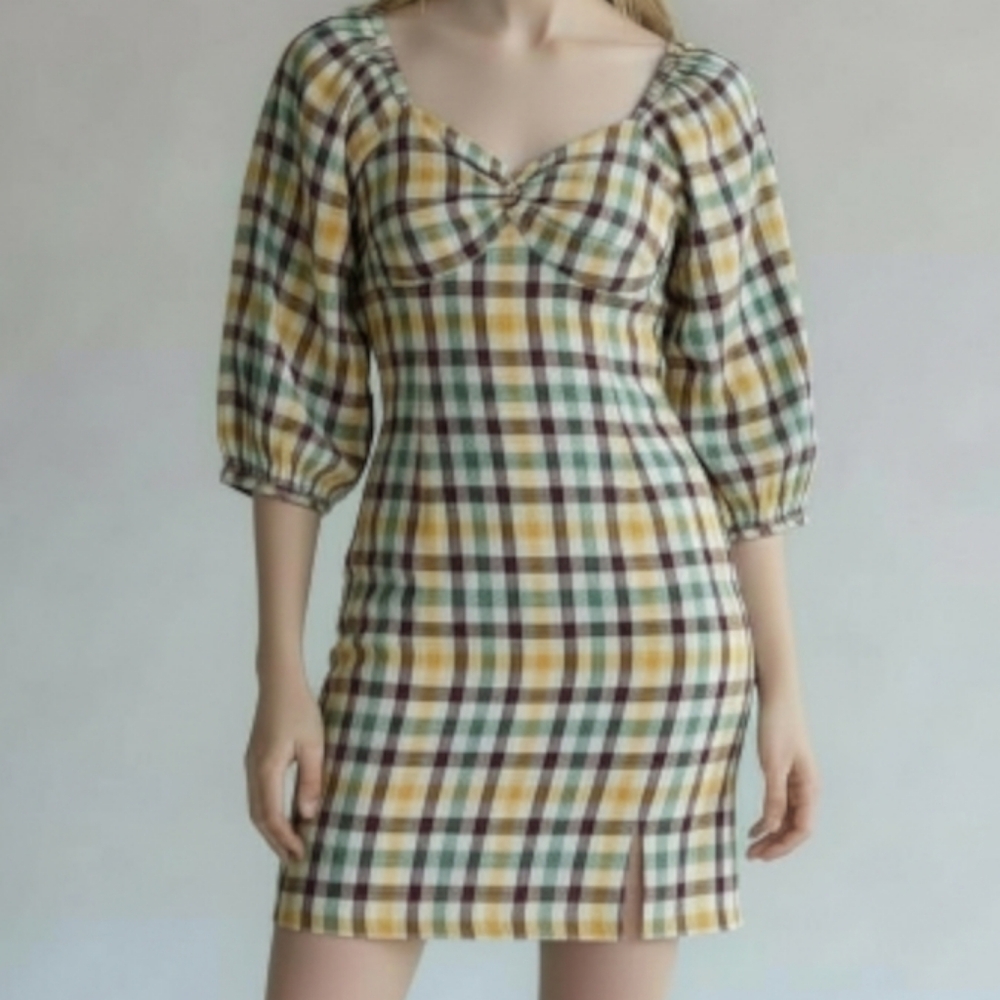 Roxy Dress Womens XS Plaid Brown Moonlight‎ Shores Peasant Boho Milkmaid NWT